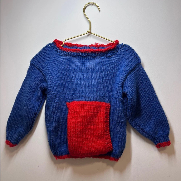 Handmade Knit Baby Sweater Red and Blue Pullover - Picture 1 of 7